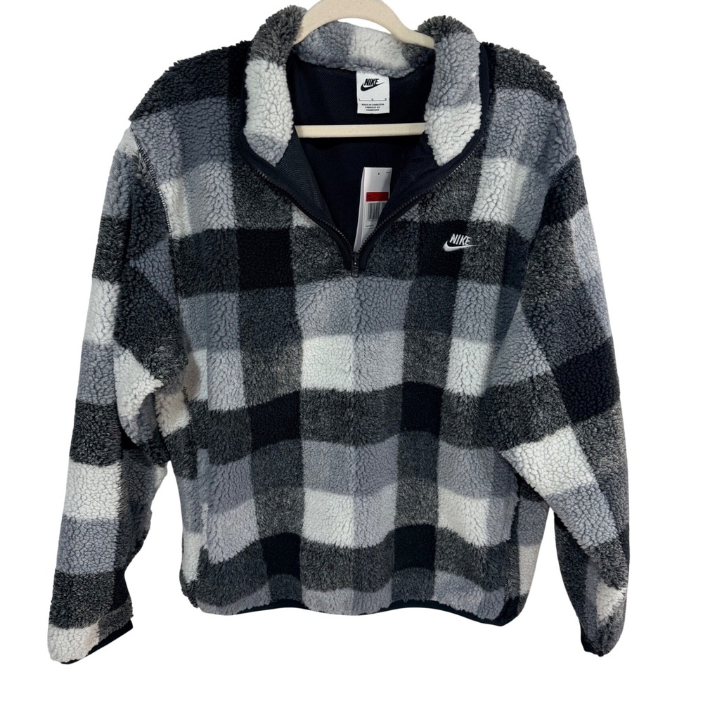 Nike Fleece Quarter Zip Pullover Buffalo Plaid Men's L Grey FZ0896-010